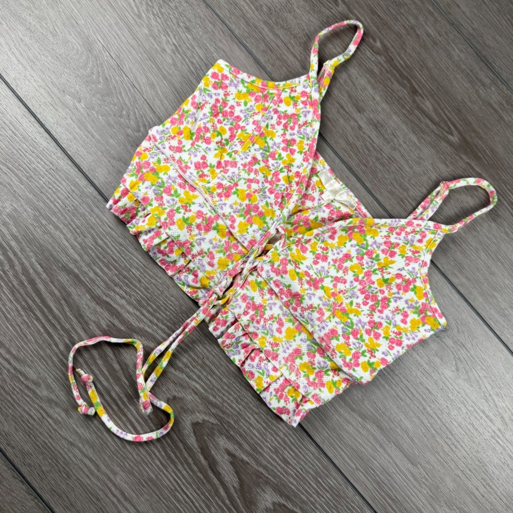 LoveShackFancy Women Cami Crop Top Floral Pointelle Ruffle White Pink Yellow S